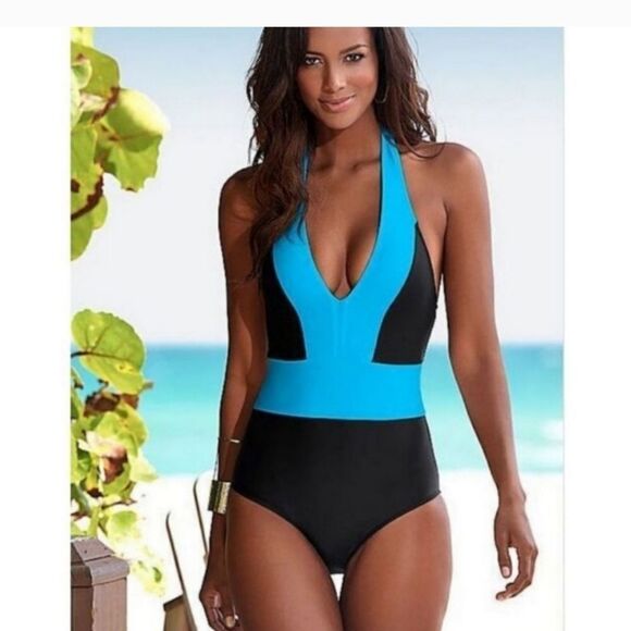 T&J‎ DESIGNS Swimsuit One Piece Halter Color Block Blk & Turquoise Variou… - Picture 6 of 6
